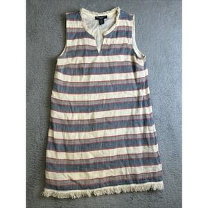 Chelsea & Theodore Dress Stripe  Sleeveless Womens Sz 6 Fringe Boho V-neck Linen